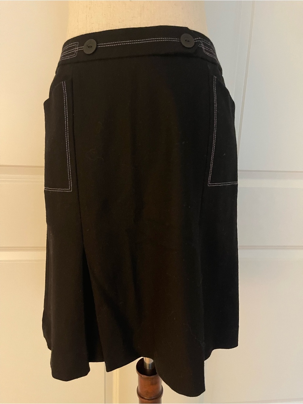 Black Wool Blend Contrast Stitch A-Line Skirt Size 6